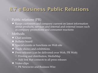 

Public relations (PR)




Keeps customers and company current on latest information
about products, services and internal and external issues such
as company promotions and consumer reactions

Methods






Chat sessions
Bulletin board
Special events or functions on Web site
Trade shows and exhibitions
Press releases (can be delivered over Web, PR Web)
 Printing and distribution, MediaMap
 Add link that connects to all press releases



Video clips
 PR Newswire and Business Wire

 