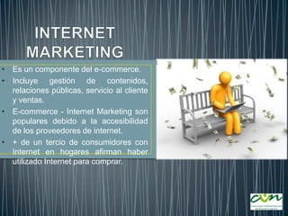 • Es un componente del e-commerce.
• Incluye gestión de contenidos,
relaciones públicas, servicio al cliente
y ventas.
• E-commerce - Internet Marketing son
populares debido a la accesibilidad
de los proveedores de internet.
• + de un tercio de consumidores con
Internet en hogares afirman haber
utilizado Internet para comprar.

 