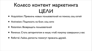 Колесо контент маркетинга	

ЦЕЛИ
• Acquisition. Привлечь новых пользователей из поиска, соц сетей	

• Activation. Подписать на блог, соц сети	

• Retention. Возвращать пользователей	

• Revenue. Стать авторитетом в нише, чтоб покупку совершили у вас	

• Referral. Лайки, репосты помогут привлечь друзей.
 
