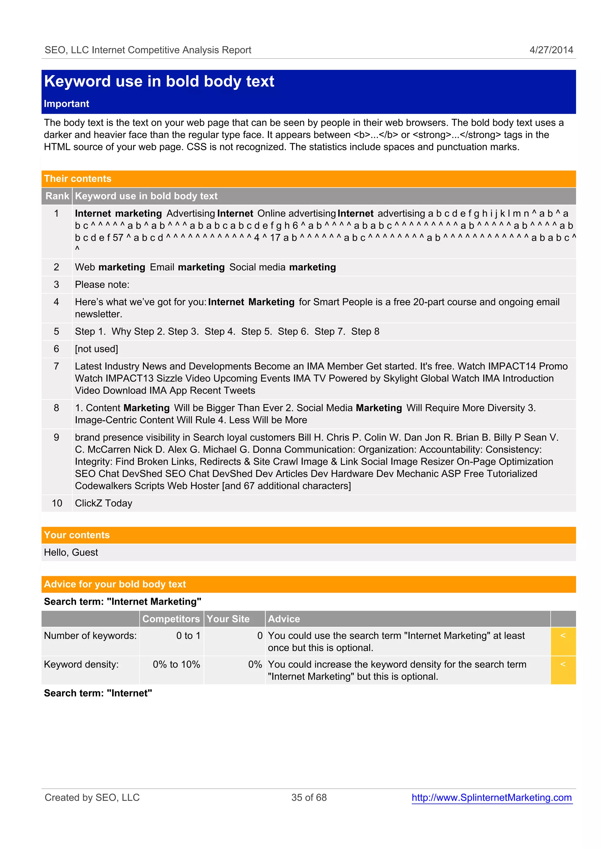 SEO, LLC Internet Competitive Analysis Report 4/27/2014
Keyword use in bold body text
Important
The body text is the text on your web page that can be seen by people in their web browsers. The bold body text uses a
darker and heavier face than the regular type face. It appears between <b>...</b> or <strong>...</strong> tags in the
HTML source of your web page. CSS is not recognized. The statistics include spaces and punctuation marks.
Their contents
Rank Keyword use in bold body text
1 Internet marketing Advertising Internet Online advertising Internet advertising a b c d e f g h i j k l m n ^ a b ^ a
b c ^ ^ ^ ^ ^ a b ^ a b ^ ^ ^ a b a b c a b c d e f g h 6 ^ a b ^ ^ ^ ^ a b a b c ^ ^ ^ ^ ^ ^ ^ ^ ^ a b ^ ^ ^ ^ ^ a b ^ ^ ^ ^ a b a
b c d e f 57 ^ a b c d ^ ^ ^ ^ ^ ^ ^ ^ ^ ^ ^ ^ 4 ^ 17 a b ^ ^ ^ ^ ^ ^ a b c ^ ^ ^ ^ ^ ^ ^ ^ a b ^ ^ ^ ^ ^ ^ ^ ^ ^ ^ ^ ^ a b a b c ^ ^ ^
^
2 Web marketing Email marketing Social media marketing
3 Please note:
4 Here’s what we’ve got for you:Internet Marketing for Smart People is a free 20-part course and ongoing email
newsletter.
5 Step 1. Why Step 2. Step 3. Step 4. Step 5. Step 6. Step 7. Step 8
6 [not used]
7 Latest Industry News and Developments Become an IMA Member Get started. It's free. Watch IMPACT14 Promo
Watch IMPACT13 Sizzle Video Upcoming Events IMA TV Powered by Skylight Global Watch IMA Introduction
Video Download IMA App Recent Tweets
8 1. Content Marketing Will be Bigger Than Ever 2. Social Media Marketing Will Require More Diversity 3.
Image-Centric Content Will Rule 4. Less Will be More
9 brand presence visibility in Search loyal customers Bill H. Chris P. Colin W. Dan Jon R. Brian B. Billy P Sean V.
C. McCarren Nick D. Alex G. Michael G. Donna Communication: Organization: Accountability: Consistency:
Integrity: Find Broken Links, Redirects & Site Crawl Image & Link Social Image Resizer On-Page Optimization
SEO Chat DevShed SEO Chat DevShed Dev Articles Dev Hardware Dev Mechanic ASP Free Tutorialized
Codewalkers Scripts Web Hoster [and 67 additional characters]
10 ClickZ Today
Your contents
Hello, Guest
Advice for your bold body text
Search term: "Internet Marketing"
Competitors Your Site Advice
Number of keywords: 0 to 1 0 You could use the search term "Internet Marketing" at least
once but this is optional.
<
Keyword density: 0% to 10% 0% You could increase the keyword density for the search term
"Internet Marketing" but this is optional.
<
Search term: "Internet"
Created by SEO, LLC 35 of 68 http://www.SplinternetMarketing.com
 