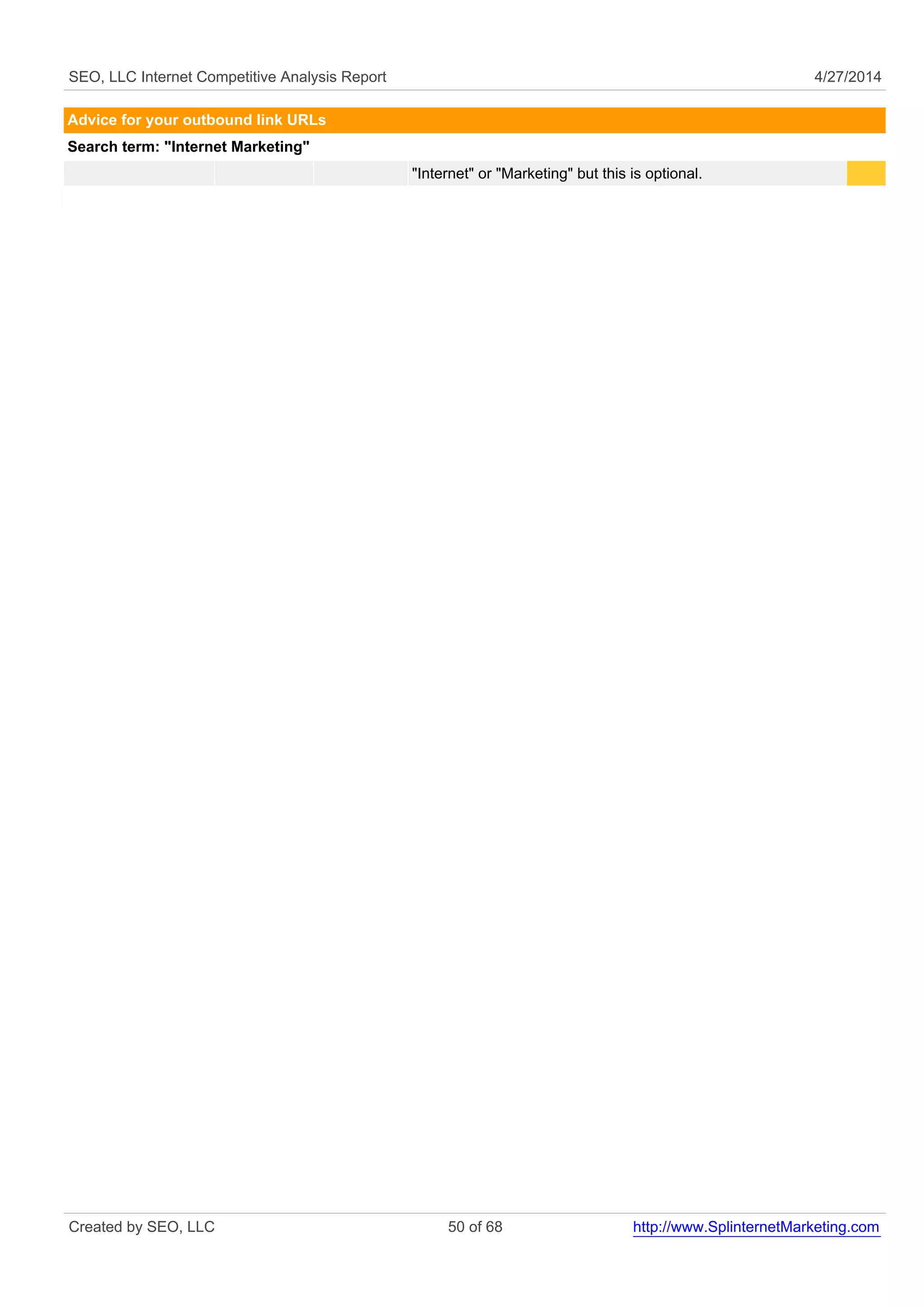 SEO, LLC Internet Competitive Analysis Report 4/27/2014
Advice for your outbound link URLs
Search term: "Internet Marketing"
"Internet" or "Marketing" but this is optional.
Created by SEO, LLC 50 of 68 http://www.SplinternetMarketing.com
 