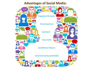 Advantages of Social Media: 
Engagement & Loyalty 
Brand Awareness 
Easy Reach 
More Traffic 
Cost Effective Platform 
Social Connectivity with Mobile 
 