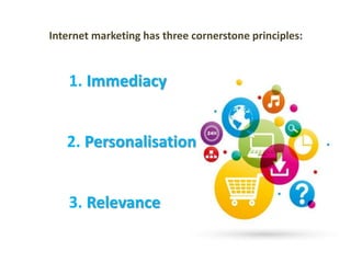 Internet marketing has three cornerstone principles: 
1. Immediacy 
2. Personalisation 
3. Relevance 
 