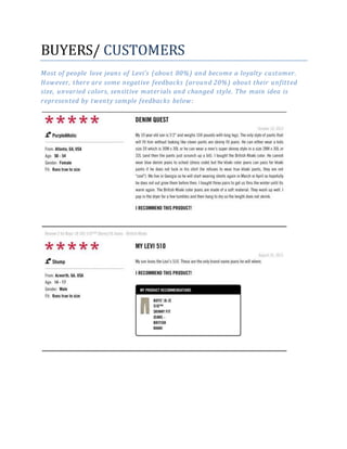 BUYERS/ CUSTOMERS
Most of people love jeans of Levi’s (about 80%) and become a loyalty customer.
However, there are some negative feedbacks (around 20%) about their unfitted
size, unvaried colors, sensitive materials and changed style. The main idea is
represented by twenty sample feedbacks below:
 