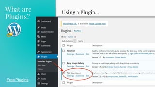 What are
Plugins?
36
Free Plugins
Using a Plugin…
● How many positive reviews does it have?
● How many times has it been installed?
 