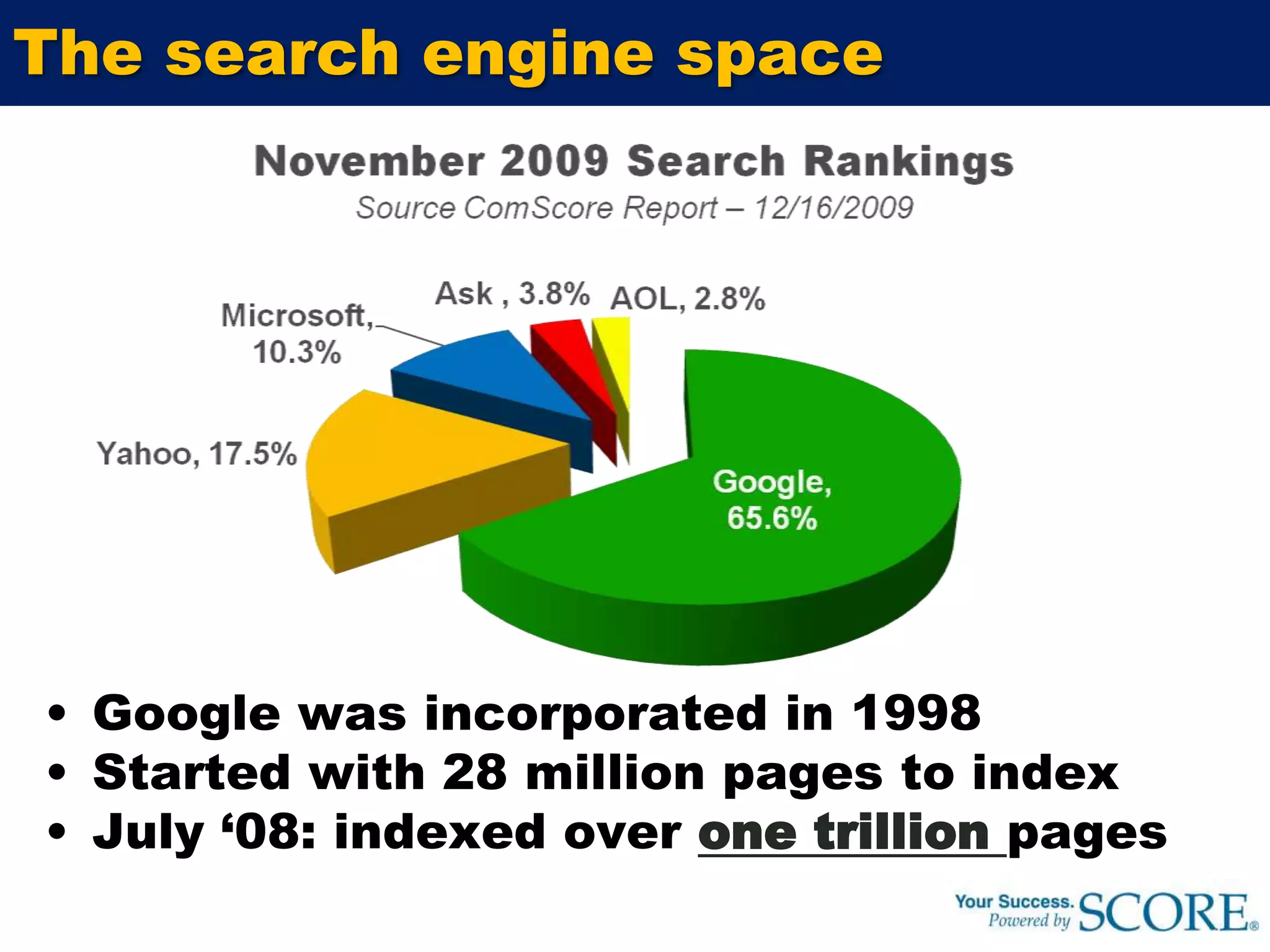 Google was incorporated in 1998Started with 28 million pages to indexJuly ‘08: indexed over one trillionpagesThe search engine space