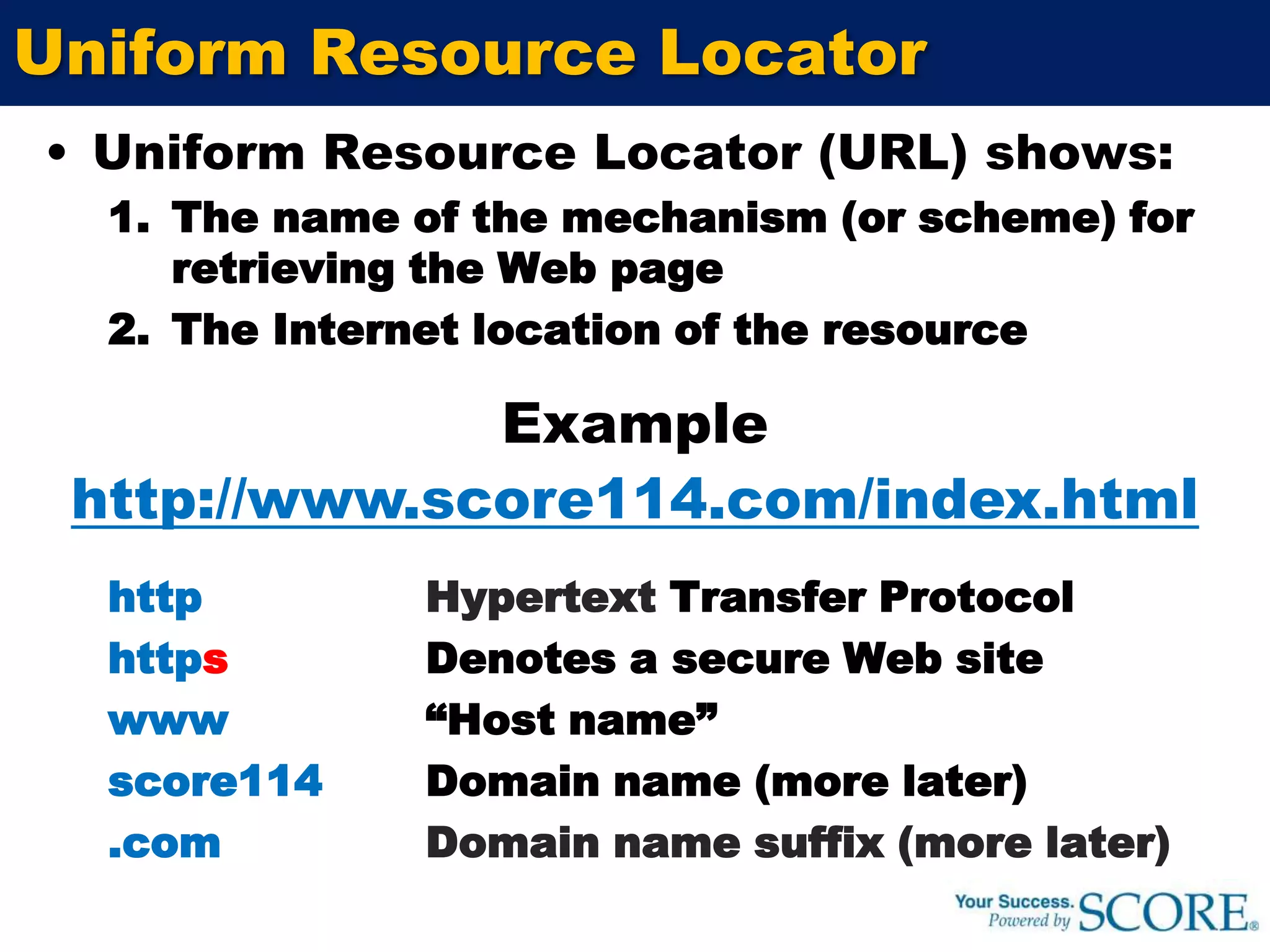 Uniform Resource Locator (URL) shows:The name of the mechanism (or scheme) for retrieving the Web pageThe Internet location of the resourceExamplehttp 		Hypertext Transfer Protocolhttps 		Denotes a secure Web site www 		“Host name”score114 	Domain name (more later).com		Domain name suffix (more later)http://www.score114.com/index.html Uniform Resource Locator