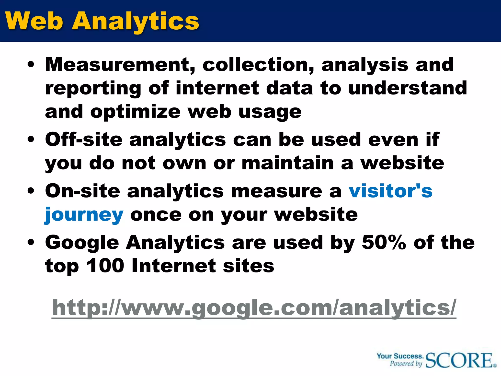 Key marketing strategy questionsSet your goalsWhy do you want a Web site?How does the site fit the overall plan?What’s the size of the market you can reach?What are the goals for your Web site?Develop your strategyWho is your Web site target audience?What typically appeals to your audience?How are competitors reaching the target?How will you measure your performance?What will your Web site do for your clients?How will it stand above the competition?