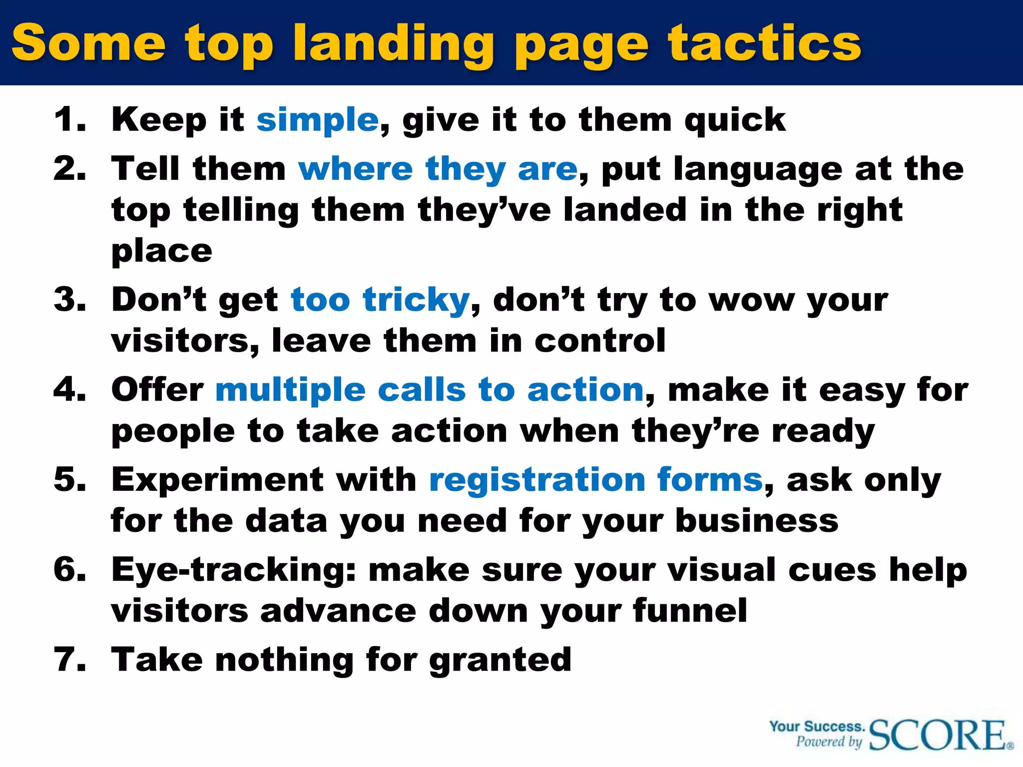 LPO science3 major types based on targeting:Associative content targeting used for consumer segmentationPredictive content targeting to anticipate future actions based on predictive analyticsConsumer directed targeting based on reviews, ratings, tagging, referrals, etc.2 major types based on experimentation:Closed-ended experimentation where users are exposed to several variations of landing pages while their behavior is observedOpen-ended experimentation where the experimentation is ongoing and the landing page is adjusted dynamically