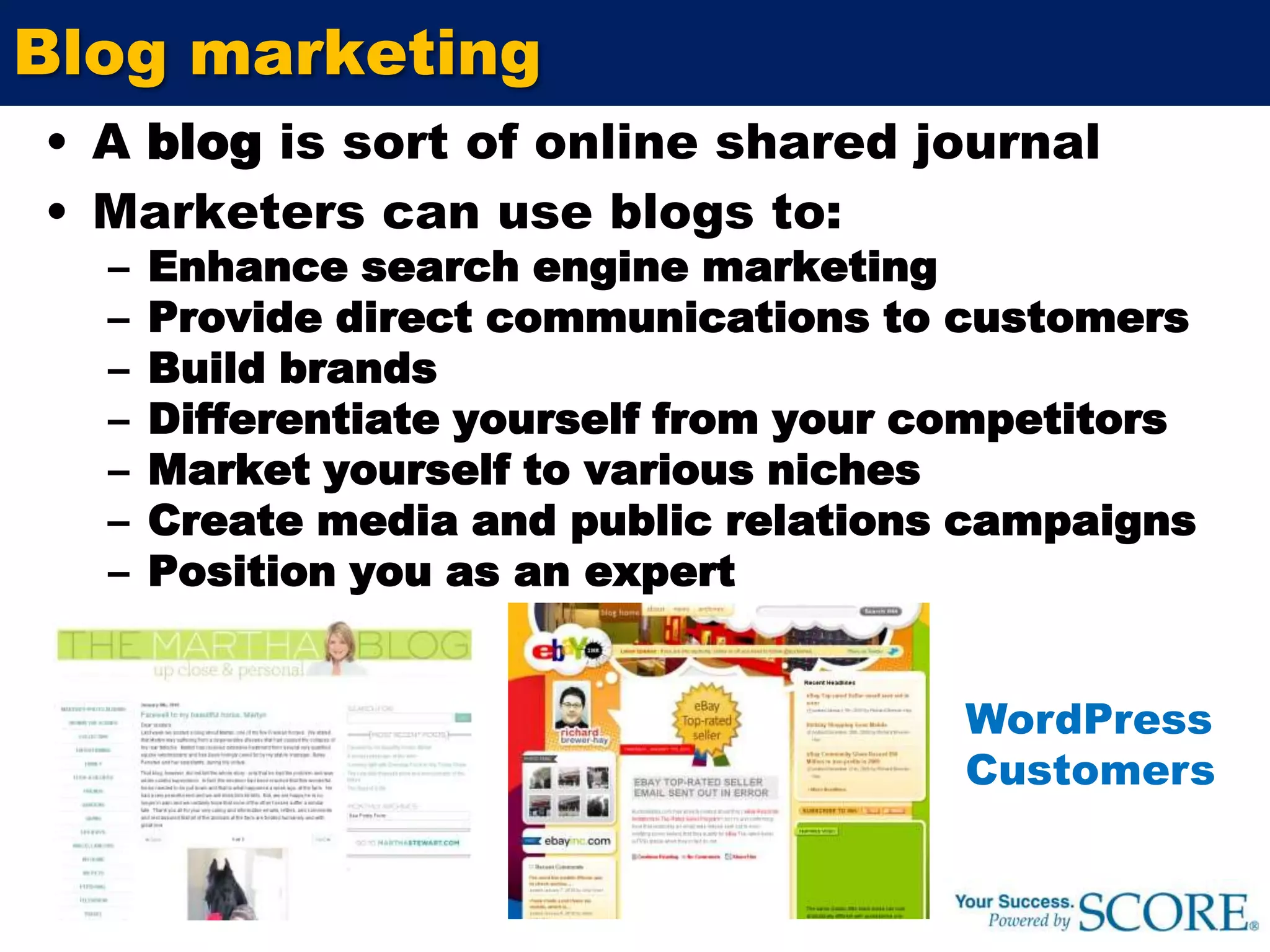 E-mail marketingHaving a Web site and e-mail marketing campaigns account for 80-90% of many retailers’ marketing activitiesE-mail offers excellent returns:Inexpensive: compare it to postcardsFast: no time spent printing, sorting, etc …Accessible: connect whenever you wantTargeted: messages go straight to those who do business with you. Specific: messages tailored for each personTrackable: technology counts responsesBonding: e-mail creates customer awarenessEco-friendly: e-mails don’t deplete forests