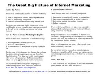 The Great Big Picture of Internet Marketing
Get the Big Picture                                                             Keys to Profit Maximization

There are at least three big pictures of internet marketing:                    There are four main ways to increase your profits:

1. How all the pieces of internet marketing fit together                        1. Increase the targetted traffic coming to your website
2. Ways of maximizing your profits                                              2. Increase conversion of traffic to paying customers
3. Your own personal internet marketing business plan                           3. Increase the revenue received per customer
                                                                                4. Reduce your costs
The better you understand the big pictures, the better
you'll be able to focus your efforts on what you most need                      If you neglect any of these, you leave your success to
to do right now to optimize your internet marketing                             chance, which probably means your business will limp
business.                                                                       along for a while and then die.

How the Pieces of Internet Marketing Fit Together                               But you don't need to focus on all four all the time. You
                                                                                should take time periodically to consider which is holding
There are three main components to internet marketing:                          you back the most, and then focus on improving in that area
                                                                                till your business is better balanced.
1. Building blocks – the tools you can use
2. Activities – what you do                                                     Costs include more than just money – for example, time,
3. Revenue sources – what people are going to pay you                           stress, opportunity costs, etc.
for
                                                                                Be careful not to focus too much on minimizing costs.
The last page of this document is a diagram that explores                       Sometimes excercizing a little courage and increasing your
the details of these three components, and shows how                            spending on productive activities is the best way to increase
they fit together. Print it out and post it where you can                       profits.
refer to it to help you capture the big picture and see
where you have opportunities to build your business.                            Your Action Plan

For recommended resources and to deepen your                                    All the knowledge and “big picture” in the world won't earn
understanding of each item, refer to the interactive                            you a penny if you don't put it into practice.
White Hat Crew Internet Marketing Guide.

     By Antone Roundy for WhiteHatCrew.com - © 2009 Gecko Tribe, LLC - You may freely redistribute this document as long as it is not modified or sold.
 