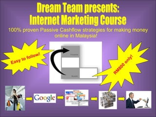 100% proven Passive Cashflow strategies for making money online in Malaysia! RM800 only! Dream Team presents: Internet Marketing Course Easy to follow! 
