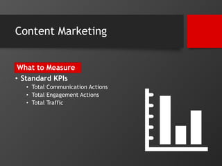 Content Marketing 
What to Measure 
• Standard KPIs 
• Total Communication Actions 
• Total Engagement Actions 
• Total Tr...