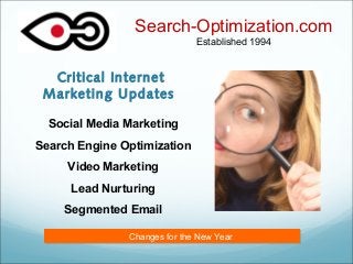 Critical Internet
Marketing Updates
Search-Optimization.com
Established 1994
Social Media Marketing
Search Engine Optimization
Video Marketing
Lead Nurturing
Segmented Email
Changes for the New YearChanges for the New Year
 