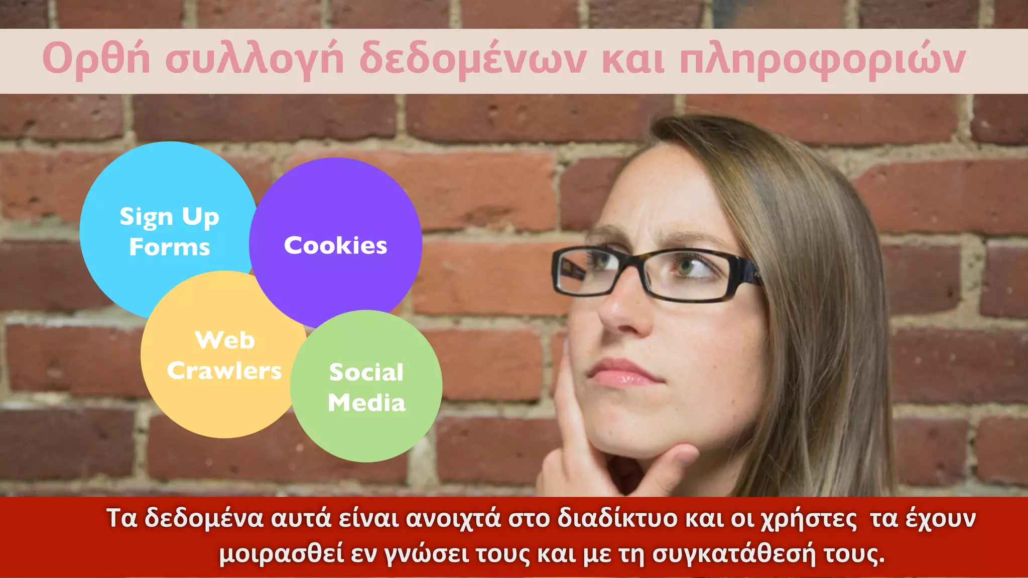 Oρθή συλλογή δεδοµένων και πληροφοριών
Sign Up
Forms
Web
Crawlers
Cookies
Social
Media
Τα  δεδομένα  αυτά  είναι  ανοιχτά  στο  διαδίκτυο  και  οι  χρήστες    τα  έχουν    
μοιρασθεί  εν  γνώσει  τους  και  με  τη  συγκατάθεσή  τους.
 