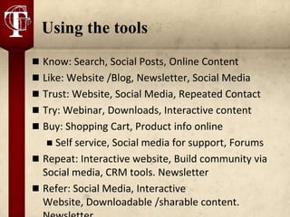 Using the tools
 Know: Search, Social Posts, Online Content
 Like: Website /Blog, Newsletter, Social Media
 Trust: Website, Social Media, Repeated Contact
 Try: Webinar, Downloads, Interactive content
 Buy: Shopping Cart, Product info online
   Self service, Social media for support, Forums
 Repeat: Interactive website, Build community via
  Social media, CRM tools. Newsletter
 Refer: Social Media, Interactive
  Website, Downloadable /sharable content.
 