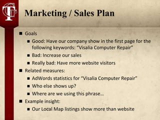 Marketing / Sales Plan

 Goals
    Good: Have our company show in the first page for the
     following keywords: “Visalia Computer Repair”
    Bad: Increase our sales
    Really bad: Have more website visitors
 Related measures:
    AdWords statistics for “Visalia Computer Repair”
    Who else shows up?
    Where are we using this phrase…
 Example insight:
    Our Local Map listings show more than website
 