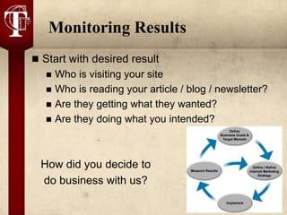 Monitoring Results
 Start with desired result
      Who is visiting your site
      Who is reading your article / blog / newsletter?
      Are they getting what they wanted?
      Are they doing what you intended?



 How did you decide to
 do business with us?
 