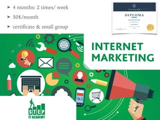 INTERNET
MARKETING
D I P L O M A
ODY-651258
Mazurskiy Alexandr
has taken course
from 15.09.2015 till 27.07.2016 in:
«Internet Marketing»
Examination passed mark: excellent
Odesa 2015
Director of IT Academy STEP
IT АCADEMY STEP
➤ 4 months: 2 times/ week
➤ 50$/month
➤ certificate & small group
 