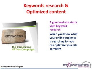 Keywords research &
                           Optimized content
                                     A good website starts
                                     with keyword
                                     research.
                                     When you know what
                                     your online audience
                                     is searching for you
                                     can optimize your site
                                     correctly.




Mumbai.Delhi.Chandigarh
 