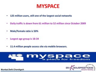 MYSPACE
     • 125 million users, still one of the largest social networks

     • Daily traffic is down from 61 million to 52 million since October 2009

     • Male/Female ratio is 50%

     • Largest age group is 18-34

     • 11.4 million people access site via mobile browsers.




Mumbai.Delhi.Chandigarh
 