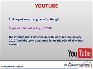YOUTUBE

    • 2nd largest search engine, after Google

    • Surpassed Yahoo! in August 2008

    • U.S internet users watched 32.4 billion videos in January
      2010-YouTube .com accounted for nearly 99% of all videos
      viewed.




Mumbai.Delhi.Chandigarh
 