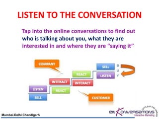 LISTEN TO THE CONVERSATION
            Tap into the online conversations to find out
            who is talking about you, what they are
            interested in and where they are “saying it”




Mumbai.Delhi.Chandigarh
 