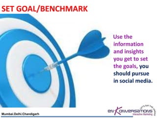 SET GOAL/BENCHMARK


                          Use the
                          information
                          and insights
                          you get to set
                          the goals, you
                          should pursue
                          in social media.




Mumbai.Delhi.Chandigarh
 