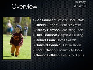 @linsey
Overview                          #BuzzRE



      1.Jon Lansner: State of Real Estate
      2.Dustin Luther: Agent Biz Cycle
      3.Stacey Harmon: Marketing Tools
      4.Dale Chumbley: Sphere Building
      5.Robert Luna: Home Search
      6.Gahlord Dewald: Optimization
      7.Loren Nason: Productivity Tools
      8.Garron Selliken: Leads to Clients
 