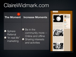 ClaireWidmark.com

The Moment        Increase Moments



                   Be in the
 Sphere
                   community more --
 Referral
                   Online and ofﬂine
 “In real life”
                   Sharing interests
 marketing
                   and activities
 
