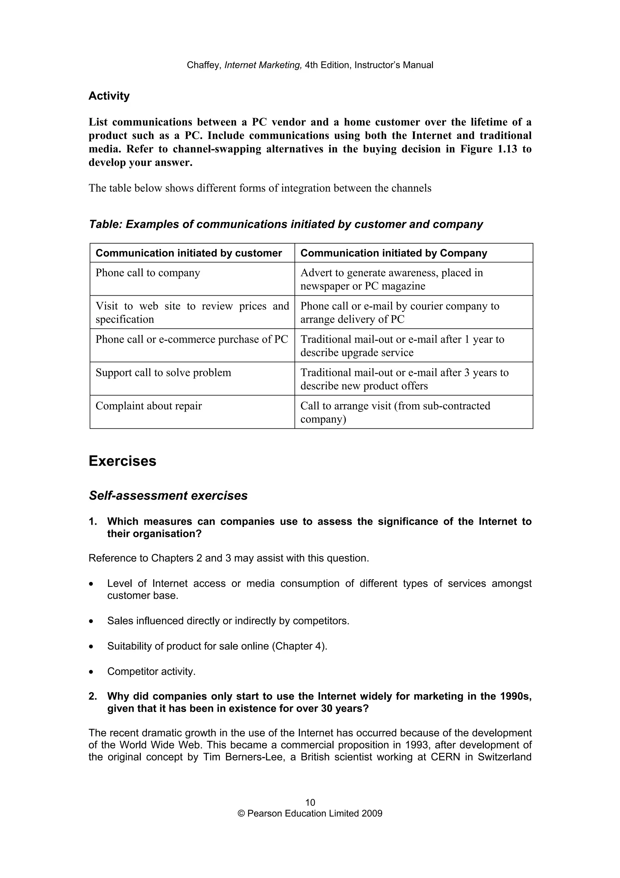 Chaffey, Internet Marketing, 4th Edition, Instructor’s Manual
10
© Pearson Education Limited 2009
Activity
List communications between a PC vendor and a home customer over the lifetime of a
product such as a PC. Include communications using both the Internet and traditional
media. Refer to channel-swapping alternatives in the buying decision in Figure 1.13 to
develop your answer.
The table below shows different forms of integration between the channels
Table: Examples of communications initiated by customer and company
Communication initiated by customer Communication initiated by Company
Phone call to company Advert to generate awareness, placed in
newspaper or PC magazine
Visit to web site to review prices and
specification
Phone call or e-mail by courier company to
arrange delivery of PC
Phone call or e-commerce purchase of PC Traditional mail-out or e-mail after 1 year to
describe upgrade service
Support call to solve problem Traditional mail-out or e-mail after 3 years to
describe new product offers
Complaint about repair Call to arrange visit (from sub-contracted
company)
Exercises
Self-assessment exercises
1. Which measures can companies use to assess the significance of the Internet to
their organisation?
Reference to Chapters 2 and 3 may assist with this question.
• Level of Internet access or media consumption of different types of services amongst
customer base.
• Sales influenced directly or indirectly by competitors.
• Suitability of product for sale online (Chapter 4).
• Competitor activity.
2. Why did companies only start to use the Internet widely for marketing in the 1990s,
given that it has been in existence for over 30 years?
The recent dramatic growth in the use of the Internet has occurred because of the development
of the World Wide Web. This became a commercial proposition in 1993, after development of
the original concept by Tim Berners-Lee, a British scientist working at CERN in Switzerland
 