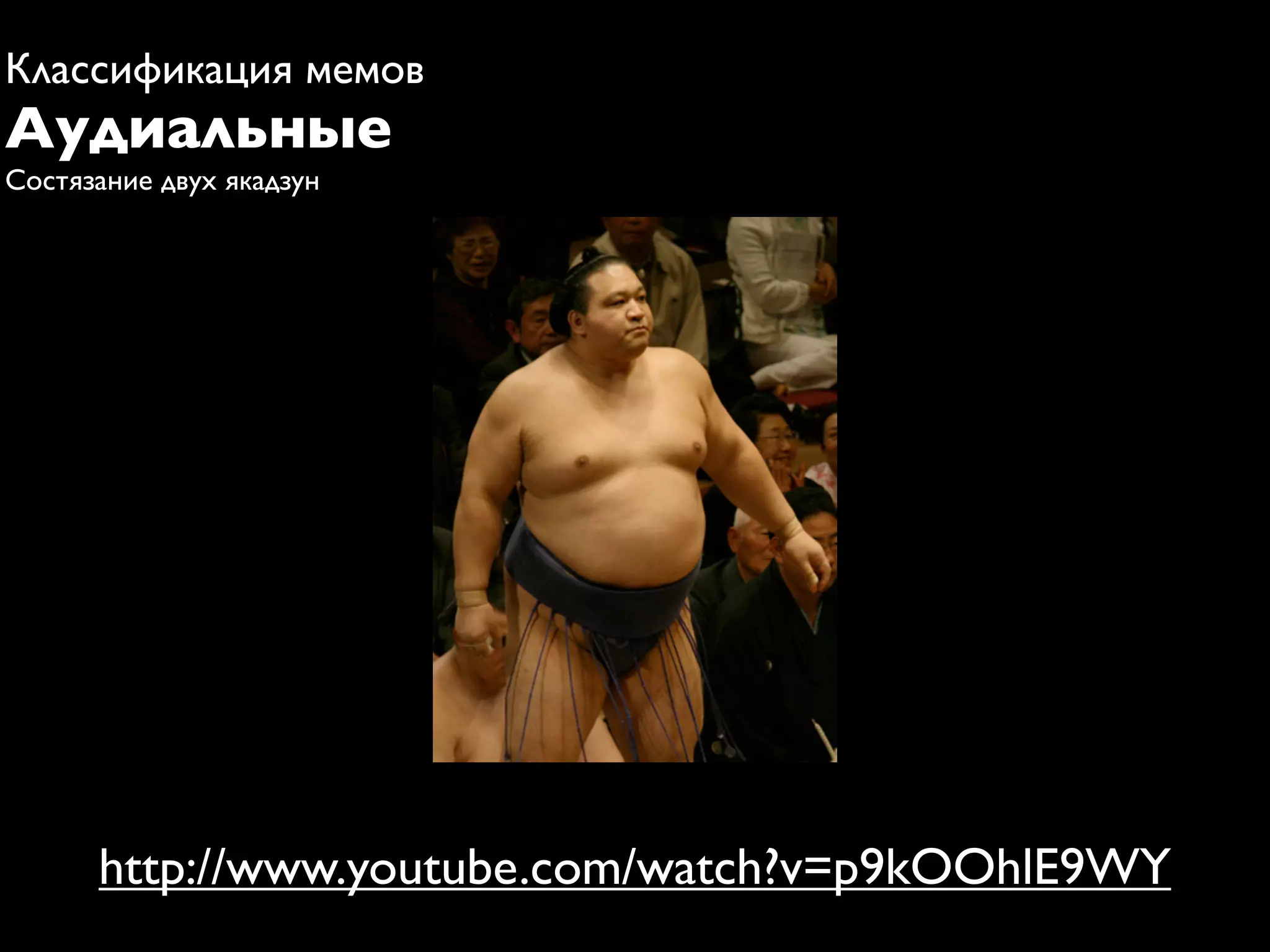 Классификация мемов
Аудиальные
Состязание двух якадзун




      http://www.youtube.com/watch?v=p9kOOhlE9WY
 