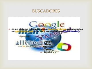 BUSCADORES

                          
 es un sistema informático que busca archivos almacenados
  en servidores web gracias a su «spider» (o Web crawler).

        Ejemplos:

                         Google
                          Msm
                        Altavista
                         Yahoo
                         laycos
 