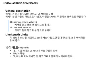 General description
메시지는 문자를 나열한 것이고, US-ASCII로 구성
메시지는 문자들의 라인으로 나뉘고, 라인은 CRLF의 두 문자의 연속으로 구분된다.
CR : carriage return, value 13
커서를 현재 행의 맨 좌측으로 옮기기
LF : line feed, value 10
커서의 현재 행의 다음 행으로 옮기기
Line Length Limits
각 라인은 CRLF를 제외하고 998문자보다 많으면 절대 안 되며, 78문자 이하인
것이 좋다.
LEXICAL ANALYSIS OF MESSAGES
바디 필드Body Fields
• 메시지의 바디는 US-ASCII 문자로 구성된 라인
• 998/78 제한
• CR, LF는 따로 나타나면 안 되고 CRLF로 붙어서 나타나야 한다.
 