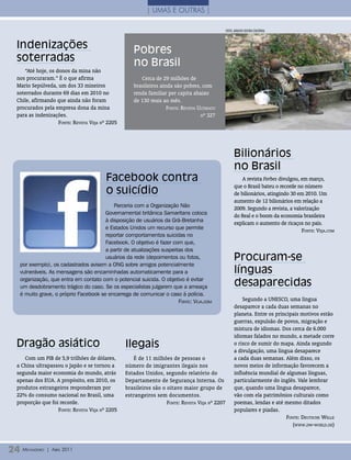 | Umas e oUTras |

                                                                                                 FOTOs: ArquivO eDiTOrA COnCórDiA



 Indenizações                                       Pobres
 soterradas                                         no Brasil
    “Até hoje, os donos da mina não
 nos procuraram.” É o que afirma                       Cerca de 29 milhões de
 Mario Sepúlveda, um dos 33 mineiros                brasileiros ainda são pobres, com
 soterrados durante 69 dias em 2010 no              renda familiar per capita abaixo
 Chile, afirmando que ainda não foram               de 130 reais ao mês.
 procurados pela empresa dona da mina                              Fonte: Revista ultimato
 para as indenizações.                                                             nº 327
                   Fonte: Revista veja nº 2205




                                                                                                       Bilionários
                                                                                                       no Brasil
                                         Facebook contra                                                   A revista Forbes divulgou, em março,
                                                                                                       que o Brasil bateu o recorde no número
                                         o suicídio                                                    de bilionários, atingindo 30 em 2010. Um
                                                                                                       aumento de 12 bilionários em relação a
                                          Parceria com a organização Não                               2009. Segundo a revista, a valorização
                                      Governamental britânica Samaritans coloca                        do Real e o boom da economia brasileira
                                      à disposição de usuários da Grã-Bretanha                         explicam o aumento de ricaços no país.
                                      e estados Unidos um recurso que permite                                                         Fonte: veja.com
                                      reportar comportamentos suicidas no
                                      Facebook. o objetivo é fazer com que,
                                      a partir de atualizações suspeitas dos
                                      usuários da rede (depoimentos ou fotos,                          Procuram-se
  por exemplo), os cadastrados avisem a oNG sobre amigos potencialmente
  vulneráveis. as mensagens são encaminhadas automaticamente para a                                    línguas
  organização, que entra em contato com o potencial suicida. o objetivo é evitar
  um desdobramento trágico do caso. se os especialistas julgarem que a ameaça                          desaparecidas
  é muito grave, o próprio Facebook se encarrega de comunicar o caso à polícia.
                                                                      Fonte: Veja.com                      Segundo a UNESCO, uma língua
                                                                                                       desaparece a cada duas semanas no
                                                                                                       planeta. Entre os principais motivos estão
                                                                                                       guerras, expulsão de povos, migração e
                                                                                                       mistura de idiomas. Dos cerca de 6.000
                                                                                                       idiomas falados no mundo, a metade corre
 Dragão asiático                                 Ilegais                                               o risco de sumir do mapa. Ainda segundo
                                                                                                       a divulgação, uma língua desaparece
    Com um PIB de 5,9 trilhões de dólares,          É de 11 milhões de pessoas o                       a cada duas semanas. Além disso, os
 a China ultrapassou o Japão e se tornou a       número de imigrantes ilegais nos                      novos meios de informação favorecem a
 segunda maior economia do mundo, atrás          Estados Unidos, segundo relatório do                  influência mundial de algumas línguas,
 apenas dos EUA. A propósito, em 2010, os        Departamento de Segurança Interna. Os                 particularmente do inglês. Vale lembrar
 produtos estrangeiros responderam por           brasileiros são o oitavo maior grupo de               que, quando uma língua desaparece,
 22% do consumo nacional no Brasil, uma          estrangeiros sem documentos.                          vão com ela patrimônios culturais como
 proporção que foi recorde.                                        Fonte: Revista veja nº 2207         poemas, lendas e até mesmo ditados
                  Fonte: Revista veja nº 2205                                                          populares e piadas.
                                                                                                                             Fonte: Deutsche Welle
                                                                                                                                (WWW.DW-WoRlD.De)



24 M ensageiro   | abril 2011
 