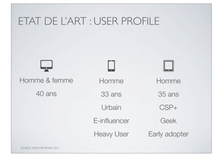 ETAT DE L’ART : USER PROFILE




Homme & femme                    Homme          Homme
           40 ans                 33 ans         35 ans
                                  Urbain         CSP+
                                E-inﬂuencer      Geek
                                Heavy User    Early adopter
SOURCE : IPSOS PROFILING 2011
 