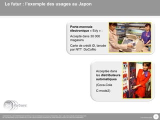 Le futur : l’exemple des usages au Japon Porte-monnaie électronique  « Edy » :  Accepté dans 30 000 magasins Carte de crédit iD, lancée par NTT  DoCoMo Acceptée dans les  distributeurs automatiques (Coca-Cola C-mode2) 
