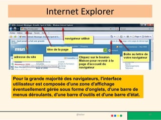 Internet Explorer




Pour la grande majorité des navigateurs, l'interface
utilisateur est composée d'une zone d'affichage
éventuellement gérée sous forme d'onglets, d'une barre de
menus déroulants, d'une barre d'outils et d'une barre d'état.



                              @telier                           38
 