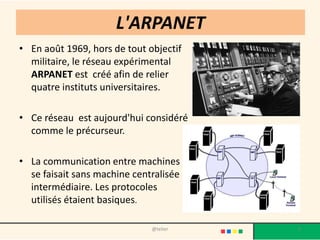 L'ARPANET
• En août 1969, hors de tout objectif
  militaire, le réseau expérimental
  ARPANET est créé afin de relier
  quatre instituts universitaires.

• Ce réseau est aujourd'hui considéré
  comme le précurseur.

• La communication entre machines
  se faisait sans machine centralisée
  intermédiaire. Les protocoles
  utilisés étaient basiques.

                              @telier   5
 