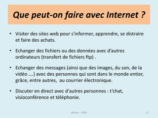 Le courrier électronique

• En 1971, Ray Tomlinson mit au point un nouveau mode de
  communication : le courrier électronique.
• Le caractère « @ » servait déjà à séparer le nom de
  l'utilisateur du nom de la machine dans les adresses.
                         Comment taper @ (l'arobase) sur son
                         clavier ?

                         •Sur Mac, il suffit d'actionner la touche
                         située au dessus de la touche de
                         tabulation.

                         •Sur PC, enfoncer les touches Alt Gr + à
                         (sur la seconde rangée du clavier).


                            @telier                                  12
 