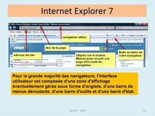 • Pour indiquer au navigateur que l’on visite une page web,
  l’adresse à saisir dans la barre d’adresse commence souvent
  par les lettres : « WWW »

Vous devez ensuite taper le « nom de domaine ».

•   C’est le nom que le propriétaire a souhaité donner à son site.
•   Exemple : « mediatheque.lorient »
•   Vous devez enfin saisir l’extension
•   Il s’agit d’un préfixe. Il en existe plusieurs :
•   .fr = France .it = Italie .us = USA
•   .com : organisation à but commercial, ou non…
•   .org = organisation à but non commercial
•   .gouv.fr = informations publiques

                                @telier                              29
 