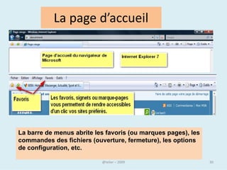 HTTP
• Ce qui donne au final :
• http:// www. mediatheque.lorient.fr

  Le HyperText Transfer Protocol, HTTP, « protocole de
  transfert hypertexte », est un protocole de communication
  client-serveur développé pour le World Wide Web

• Souvenez-vous bien qu’il ne doit y avoir aucun espace, aucun
  accent et aucun signe de ponctuation autre que le tiret ou le
  trait de soulignement.


                              @telier                             30
 