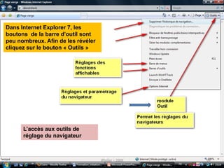 La navigation
• Vous venez, en appuyant sur le clic de la souris, de changer de
  page. Vous avez utilisé la fonctionnalité servant à « naviguer »
  dans le web.


• Pour reconnaître un lien, c'est facile, le pointeur de la souris
  se transforme en main .

   Le lien c’est ce qui permet d’aller d’une page Web vers une autre
   page.

   Il est activé d'un simple clic sur l'objet graphique ou la partie de texte
   désignée comme un lien (en règle générale, le curseur se transforme en petite main
   lorsqu’il passe sur un lien).


   Lorsque l’on clique sur le lien, une autre page s’affiche à l’écran.
                                       @telier                                     34
 