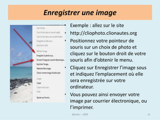 Saisir et valider une adresse web (adresse URL)
• Cliquez à l’intérieur de la barre d’adresse, effacez le contenu si besoin et
  inscrivez l’adresse du site que vous voulez consulter (ex : www.bnf.fr).
  Validez en appuyant sur la touche. « Entrée » ou cliquez sur le bouton
• « OK » [ou un bouton similaire.]




                                      @telier                                    41
 