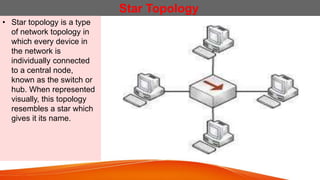 Star Topology
• Star topology is a type
of network topology in
which every device in
the network is
individually connected
to a central node,
known as the switch or
hub. When represented
visually, this topology
resembles a star which
gives it its name.
 
