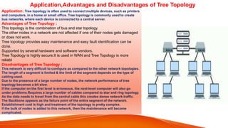 Application,Advantages and Disadvantages of Tree Topology
Application:
Advantages of Tree Topology :
This topology is the combination of bus and star topology.
The other nodes in a network are not affected if one of their nodes gets damaged
or does not work.
Tree topology provides easy maintenance and easy fault identification can be
done.
Supported by several hardware and software vendors.
Tree Topology is highly secure.It is used in WAN and Tree Topology is more
reliabl
Disadvantages of Tree Topology :
 