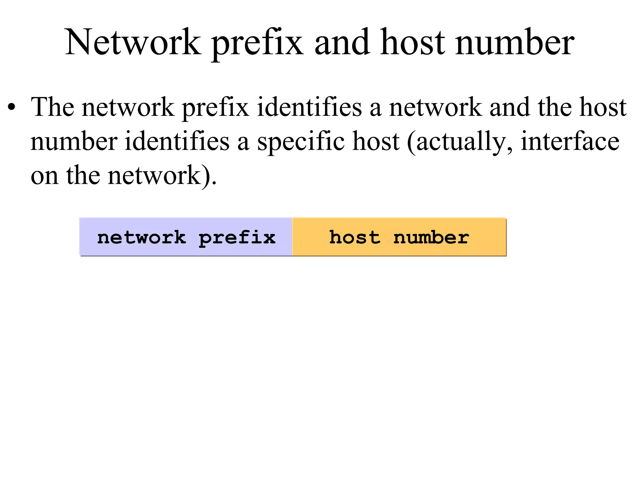Network prefix and host number 
• The network prefix identifies a network and the host 
number identifies a specific host (actually, interface 
on the network). 
network prefix host number 
 