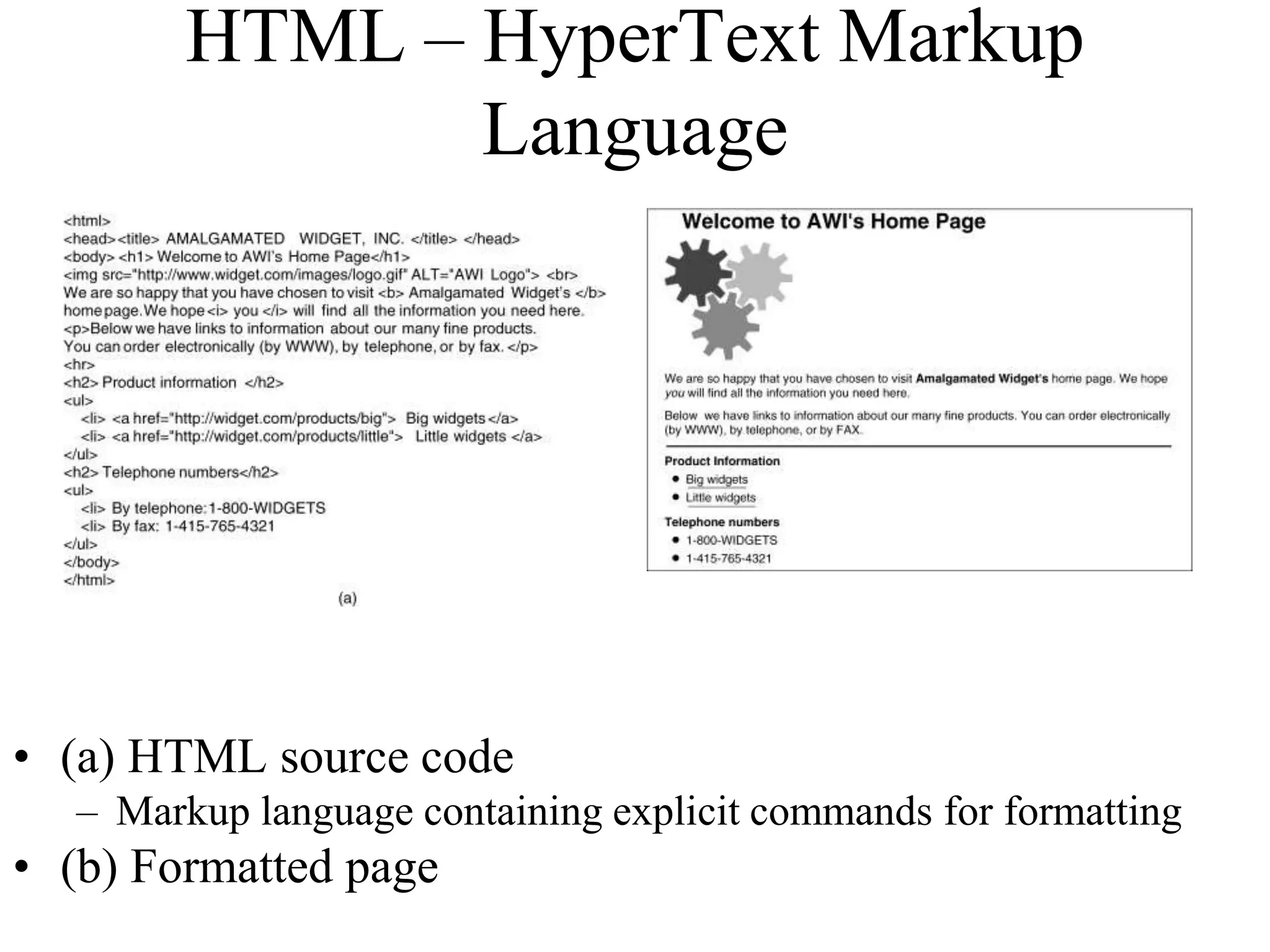 HTML – HyperText Markup 
Language 
• (a) HTML source code 
– Markup language containing explicit commands for formatting 
• (b) Formatted page 
