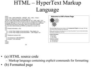 HTML – HyperText Markup 
Language 
• (a) HTML source code 
– Markup language containing explicit commands for formatting 
• (b) Formatted page 
