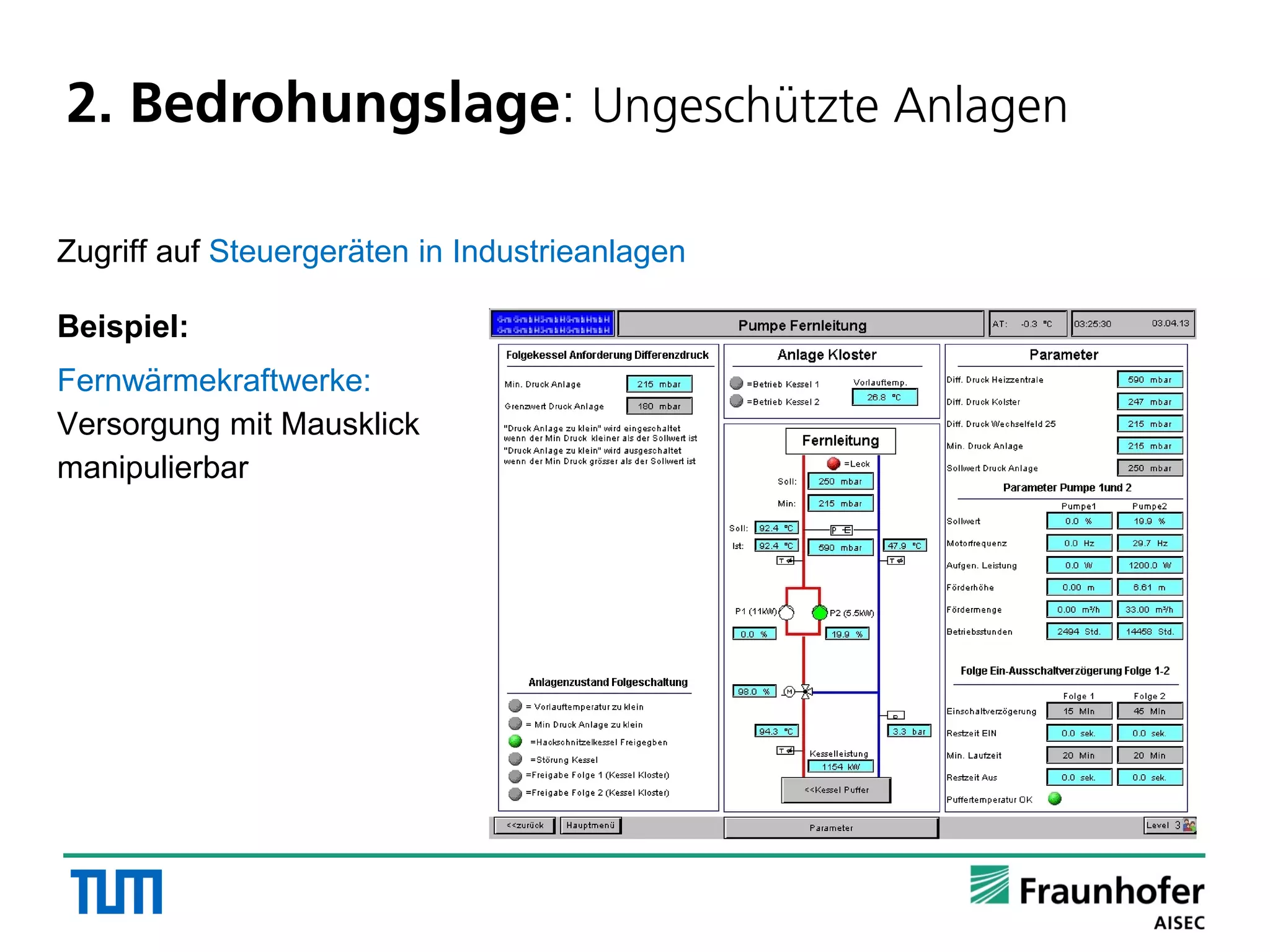 Quellen:Cenzic(2014),DataLossDB(2014),Ponemon(2013),SANS(2014)u.a.
2. Bedrohungslage: Ungeschützte Anlagen
Zugriff auf Steuergeräten in Industrieanlagen
Beispiel:
Fernwärmekraftwerke:
Versorgung mit Mausklick
manipulierbar
 